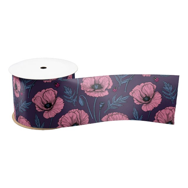 Ruban En Satin Pavot rose sur violet foncé (Bobine)