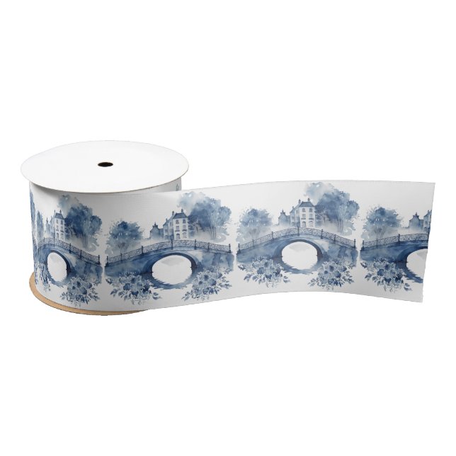 Ruban En Satin Paysage de style Delft bleu et blanc (Bobine)
