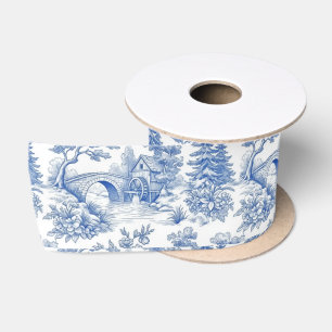 Ruban En Satin Paysage Toile Bleu et Blanc Vintage