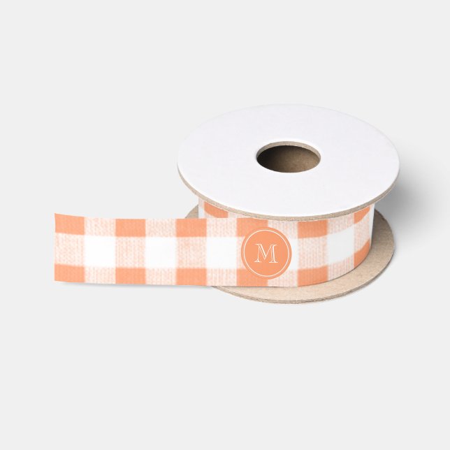 Ruban En Satin Pêche et guingan blanc, votre monogramme (Bobine)