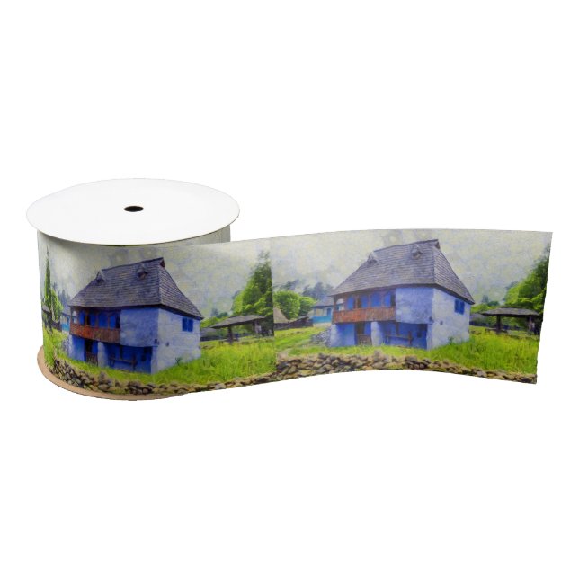 Ruban En Satin Peinture de maison bleue (Bobine)