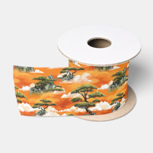 Ruban En Satin Peinture Japonaise à l'Aquarelle Motif de Montagne