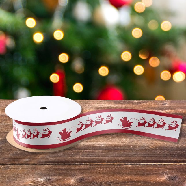 Ruban En Satin Père Noël Reindeer Sleigh Rouge Blanc (Créateur téléchargé)