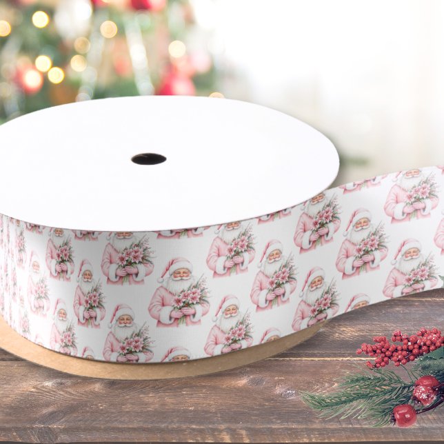 Ruban En Satin Père Noël Rose Noël (Santa Claus Pink Christmas Satin Ribbon)