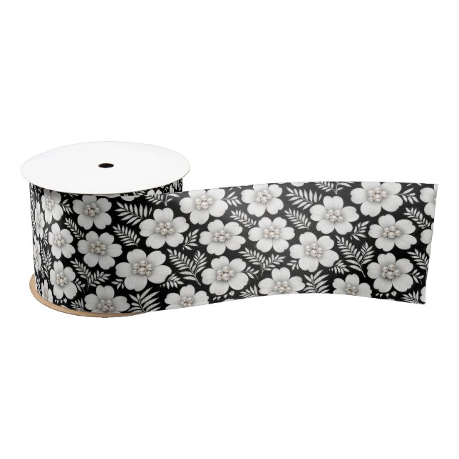 Ruban En Satin Perles blanches sur motif floral (Bobine)