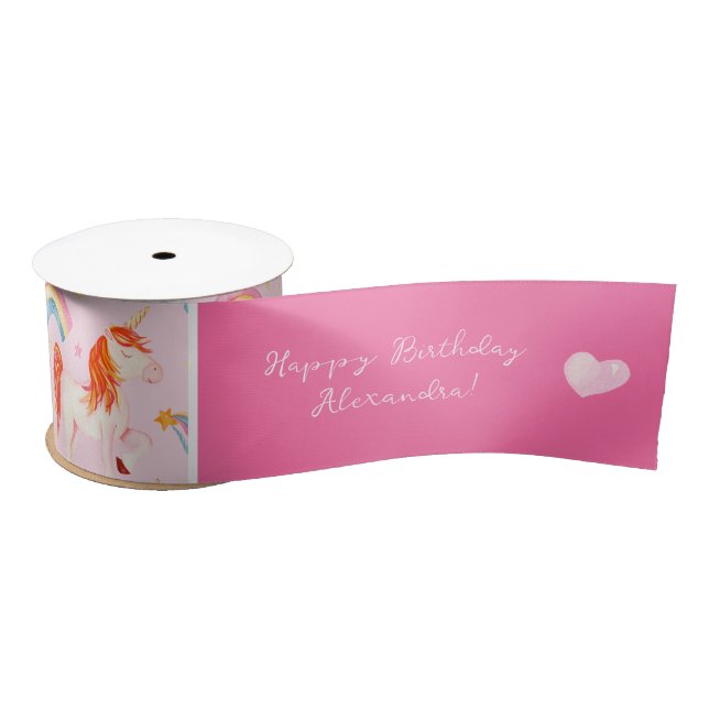 Ruban En Satin Petite fille rose licorne Motif Joyeux anniversair (Bobine)