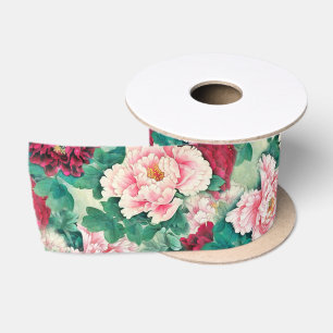 Ruban En Satin Pies roses rouges et Motif Feuille vert
