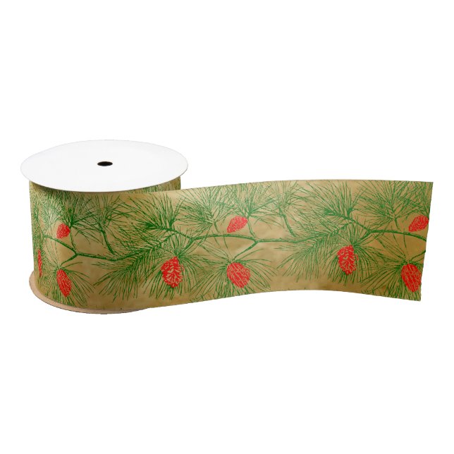 Ruban En Satin Pin Rustique Vert Rouge Pinecone Motif de vacances (Bobine)
