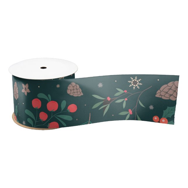 Ruban En Satin Pine rouge verte de baies de Noël Motif floral (Bobine)