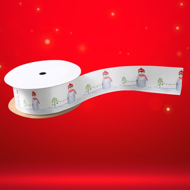 Ruban En Satin Pingouin de Noël aquarelle avec lumières de Noël (Whimsical ribbon: Penguin decorating Christmas tree, adds festive charm effortlessly!)