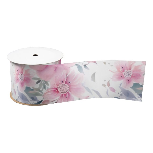 Ruban En Satin Pink Floral Watercolor  (Bobine)