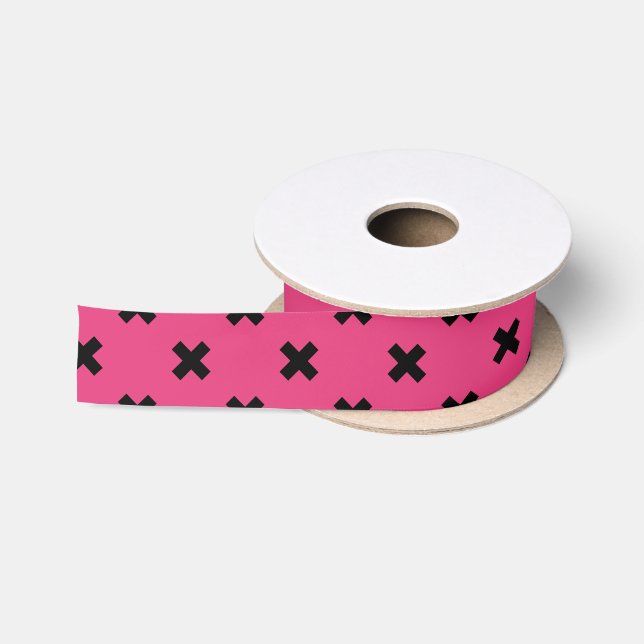 Ruban En Satin Piqûres de croix noire sur fuchsia (Bobine)