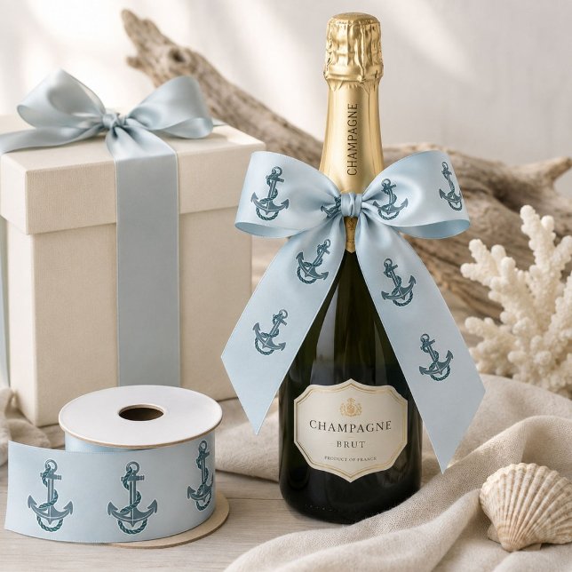 Ruban En Satin Plage Été Côte Bleue Ancre Navale (Beach Summer Coastal Blue Ship Anchor Nautical Satin Ribbon)