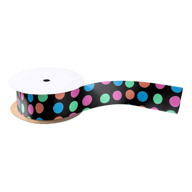 Ruban En Satin Points Pastel Printemps sur Noir (Bobine)