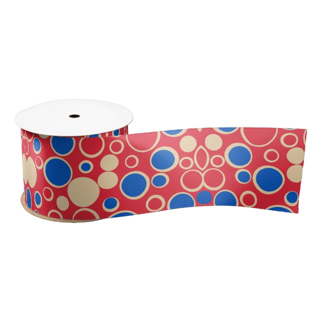 Ruban En Satin Points Rouge Et Bleu Sur Rouge (Bobine)
