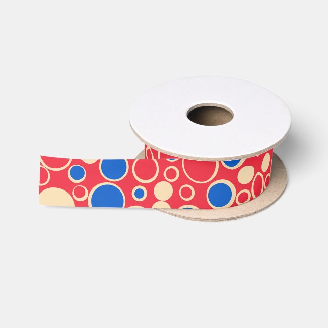 Ruban En Satin Points Rouge Et Bleu Sur Rouge (Bobine)