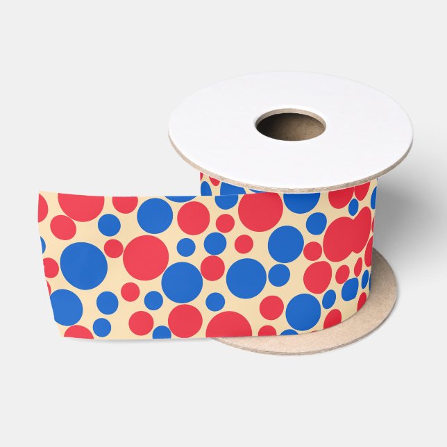 Ruban En Satin Points Rouge Et Bleu Sur Tan (Bobine)
