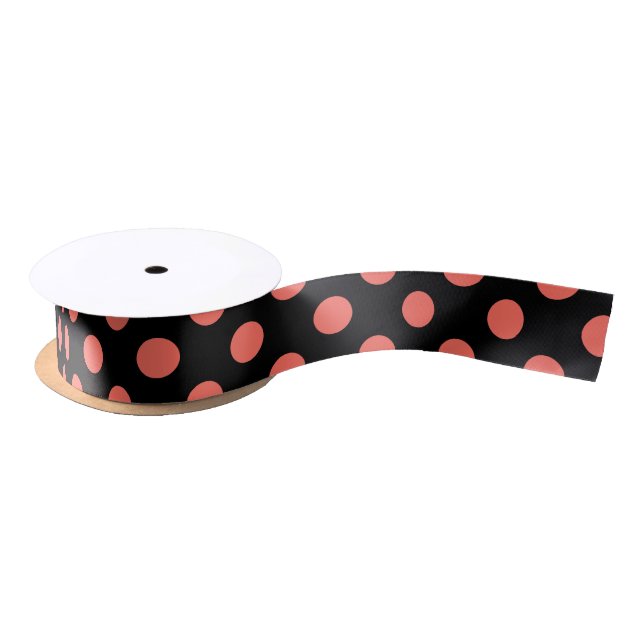 Ruban En Satin Pois coralliens vivants sur noir (Bobine)