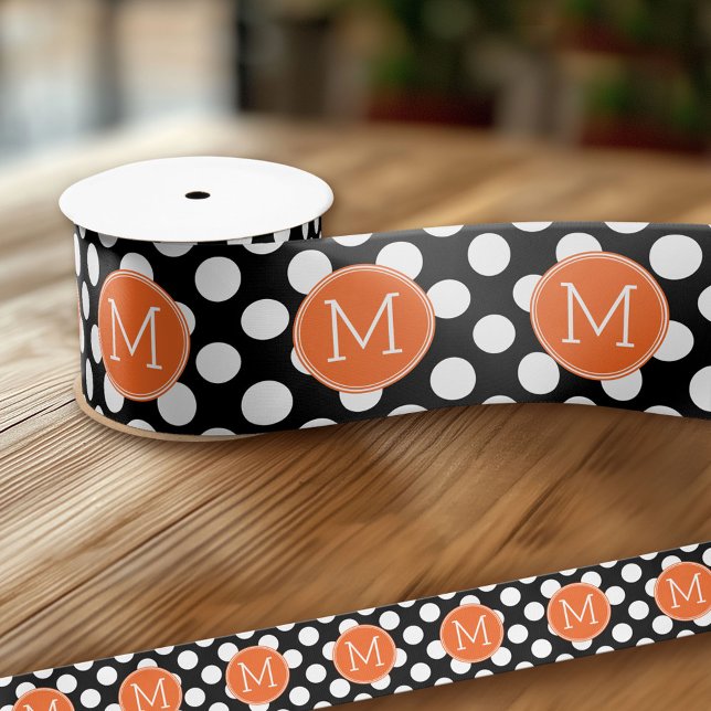 Ruban En Satin Pois noirs et orange avec monogramme personnalisé (Custom Ribbon - Add Your Own Text)