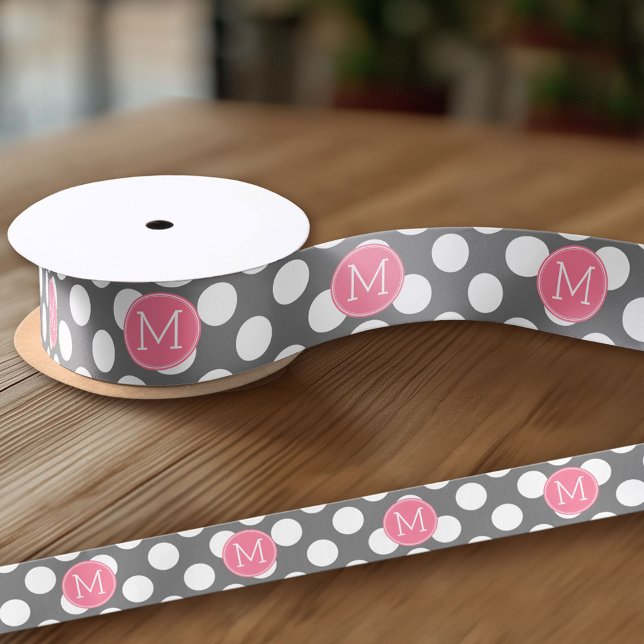 Ruban En Satin Pois Pastel rose et gris avec monogramme personnal (Custom Ribbon - add your personalized text)