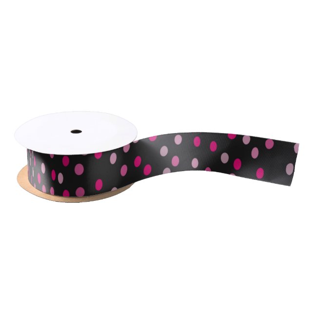 Ruban En Satin Pois roses sur noir (Bobine)