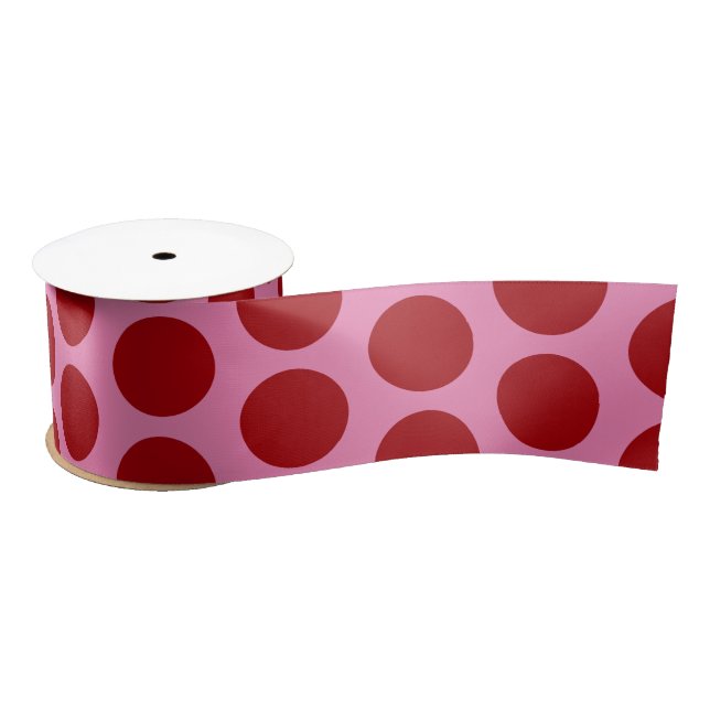 Ruban En Satin Pois rouges sur ruban rose mou (Bobine)