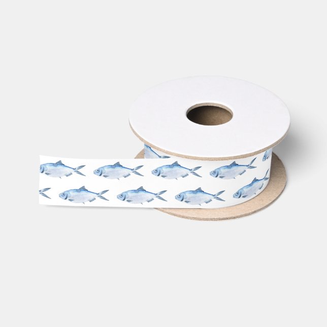 Ruban En Satin Poisson Bleu Aquarelle Côtière (Bobine)
