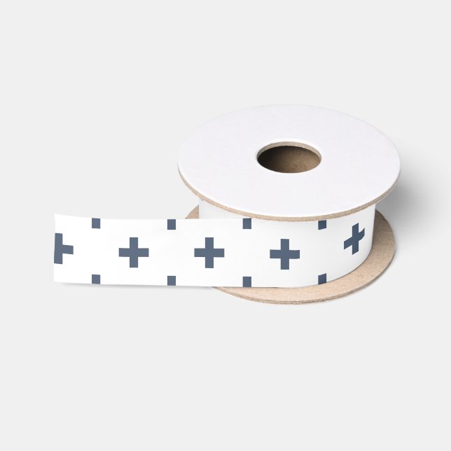 Ruban En Satin Polka gris-bleu croise sur blanc (Bobine)