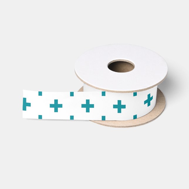Ruban En Satin Polka turquoise croise sur blanc (Bobine)