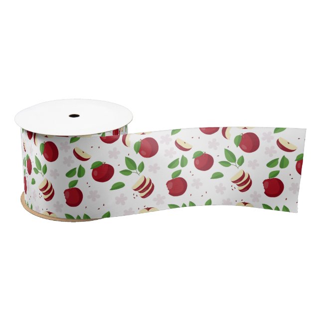 Ruban En Satin Pommes rouges, fleurs et Motif de verdure (Bobine)