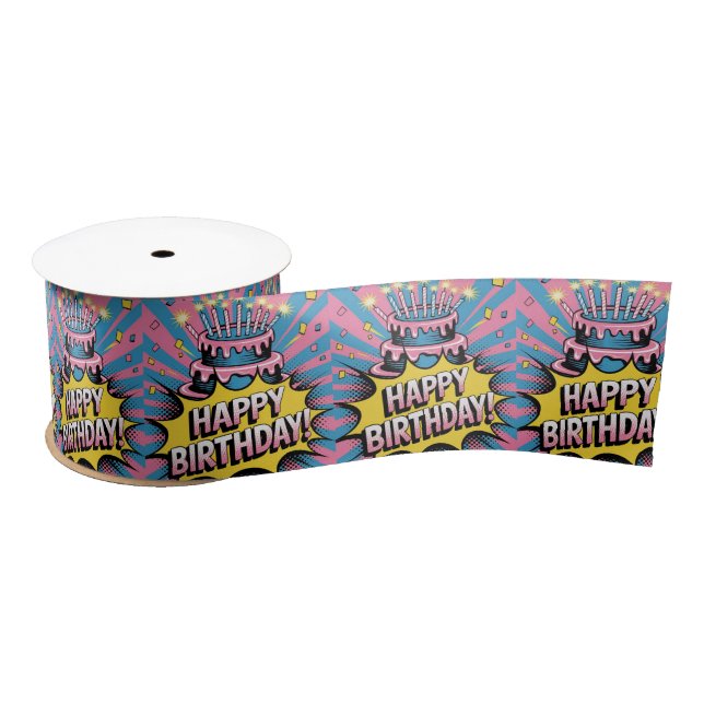 Ruban En Satin Pop Art Joyeux gâteau d'anniversaire (Bobine)
