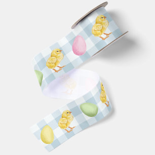 Ruban En Satin Poussin et œufs à l'aquarelle sur motif Vichy bleu