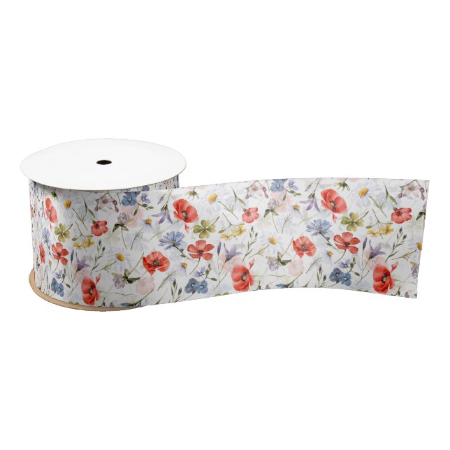 Ruban En Satin Pré fleur sauvage Avec Poppies (Bobine)