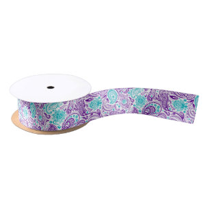 Ruban En Satin Purple turquoise et blanc paisley vintage