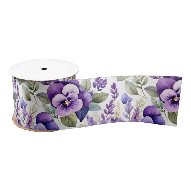 Ruban En Satin Purple Watercolor Violets Floral Elegant (Bobine)