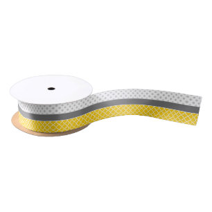 Ruban En Satin Quatrefoil jaune et motif de point gris de polka