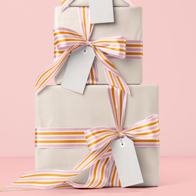 Ruban En Satin Rayures étroites orange rose et crème (preppy and girly candy pink, juicy orange, and cream striped ribbon)
