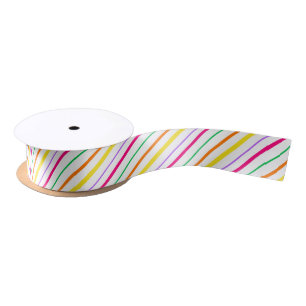 Ruban En Satin Rayures Jaune Orange Vert Rose Tropical