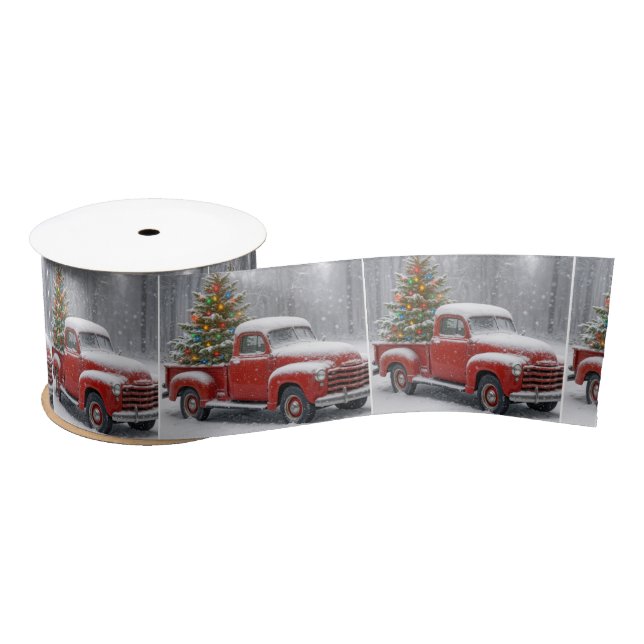 Ruban En Satin Red Retro Truck With Christmas Tree (Bobine)