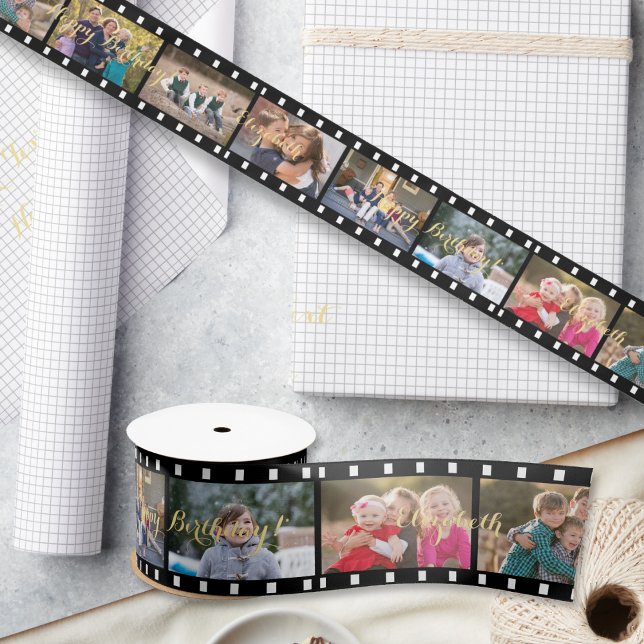 Ruban En Satin Retro Film Strip Photo personnalisée Enveloppe cad (Retro Film Strip Custom Photo Birthday Gift Wrap Satin Ribbon)