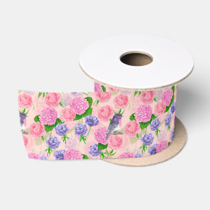 Ruban En Satin Robin et fleurs, motif aquarelle