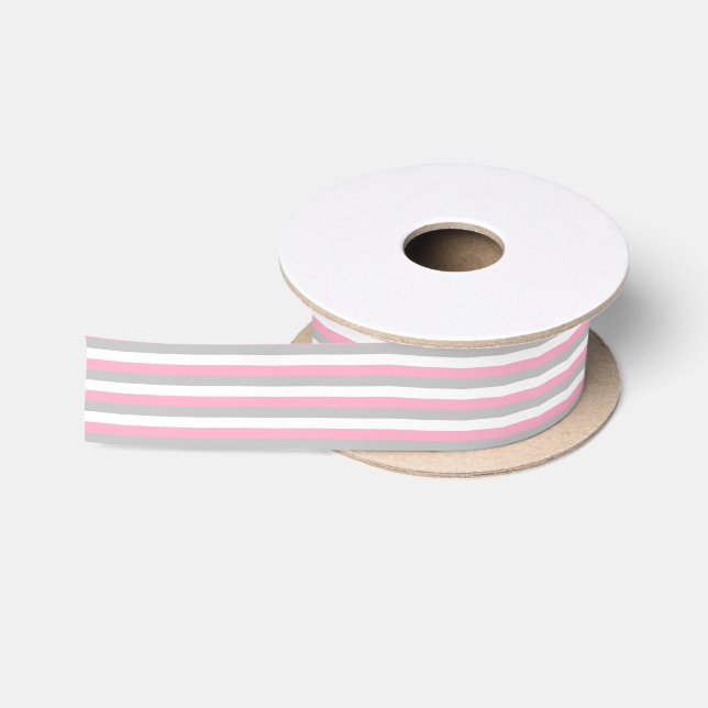 Ruban En Satin Rose, argent et rayures blanches (Bobine)