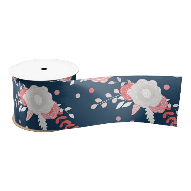 Ruban En Satin Rose Blanc Floral Bleu Marine (Bobine)
