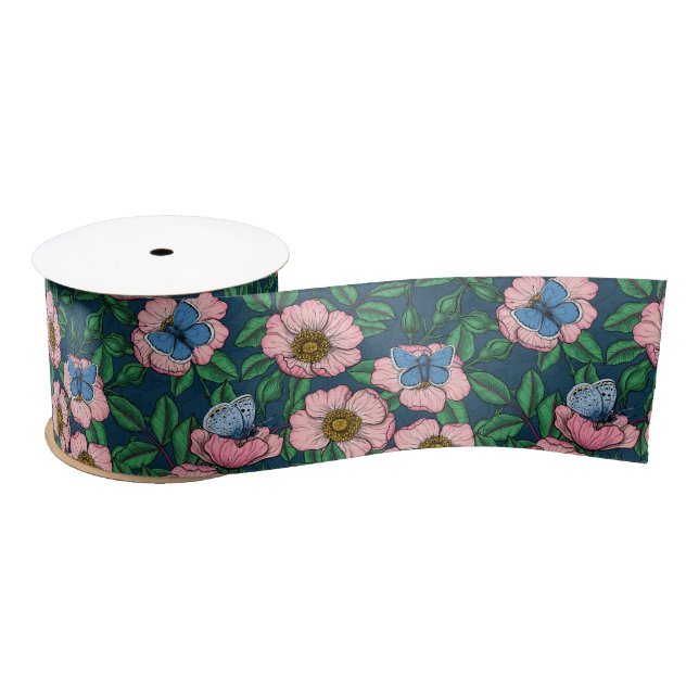 Ruban En Satin Rose de chien et papillons (Bobine)