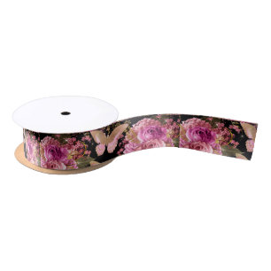 Ruban En Satin Rose et motif de papillon floral de feuille d'or