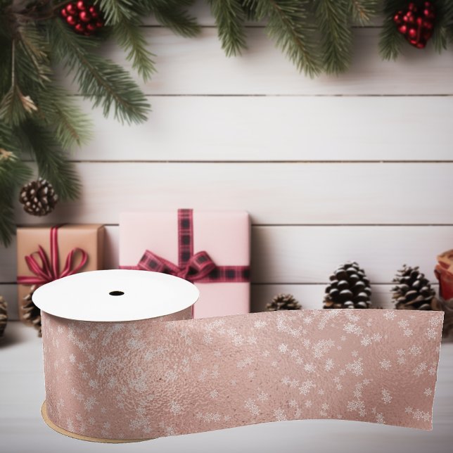 Ruban En Satin Rose Gold Foil White Snowflakes Noël (Créateur téléchargé)