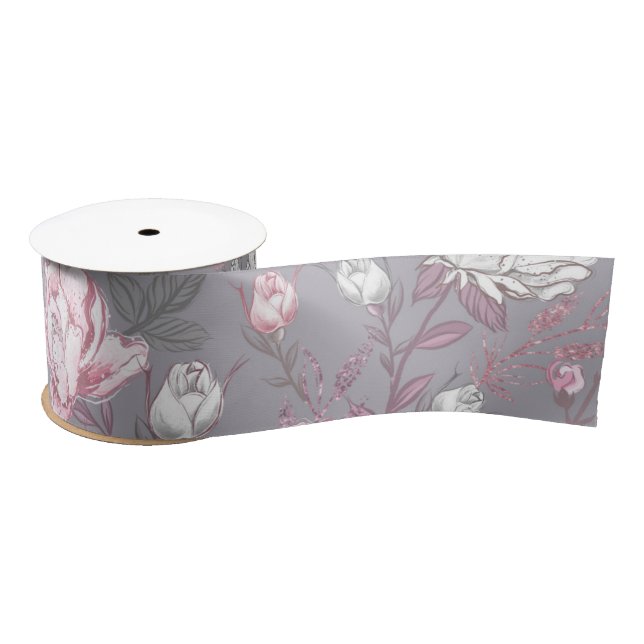 RUBAN EN SATIN ROSE PASTEL & FLEURS GRIS (Bobine)