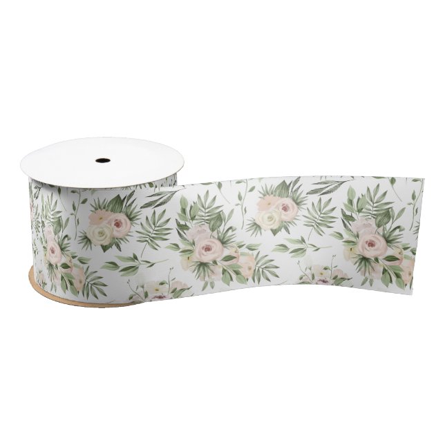 Ruban En Satin Roses blanches et satin verdure (Bobine)