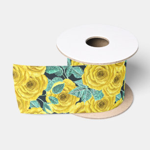Ruban En Satin Roses d'aquarelle jaune avec feuilles et pattes de