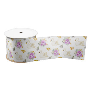 Ruban En Satin Roses Florales Violettes et Dorées de Cygne